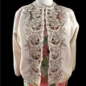 Vintage Beaded Cut Lace Embroidered Wool Cardigan Sweater, M